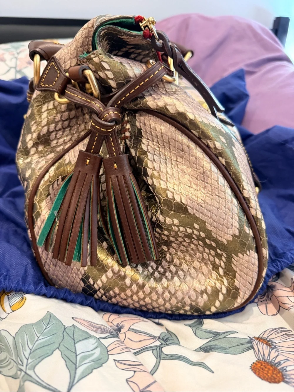 Dooney & Bourke Brown and Cream Snake-Print Satchel with Red Zip Accent